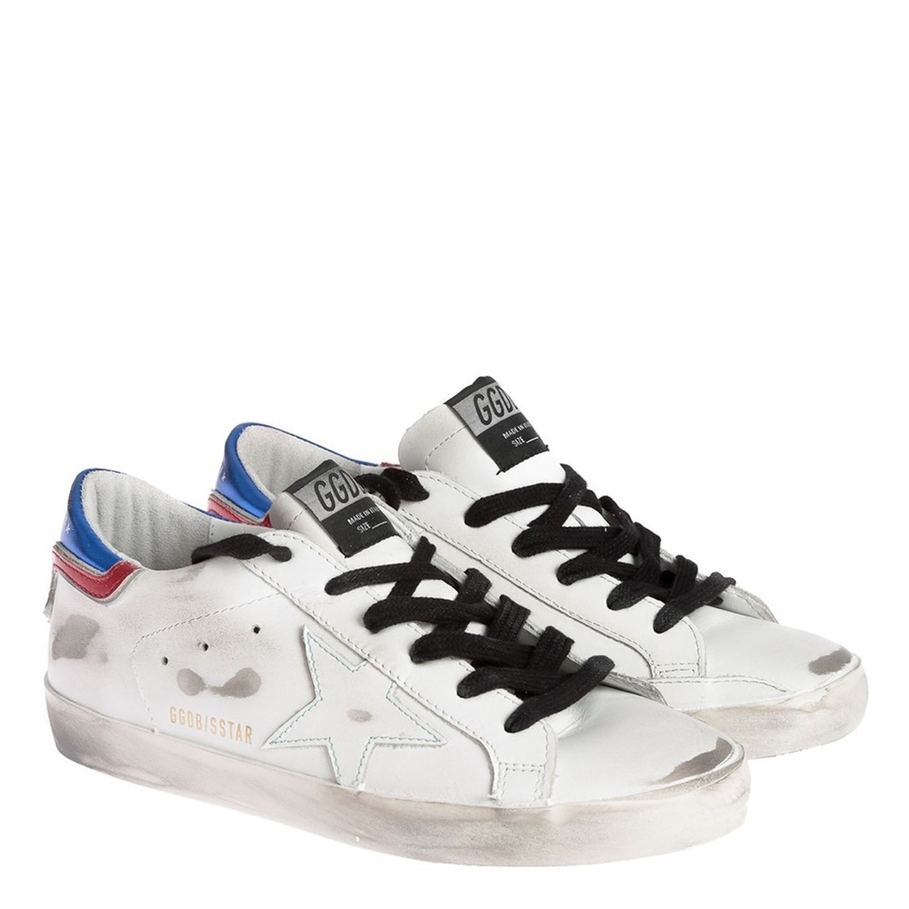 Golden Goose White Leather Sneakers with Black Laces and Blue/Red Heel
